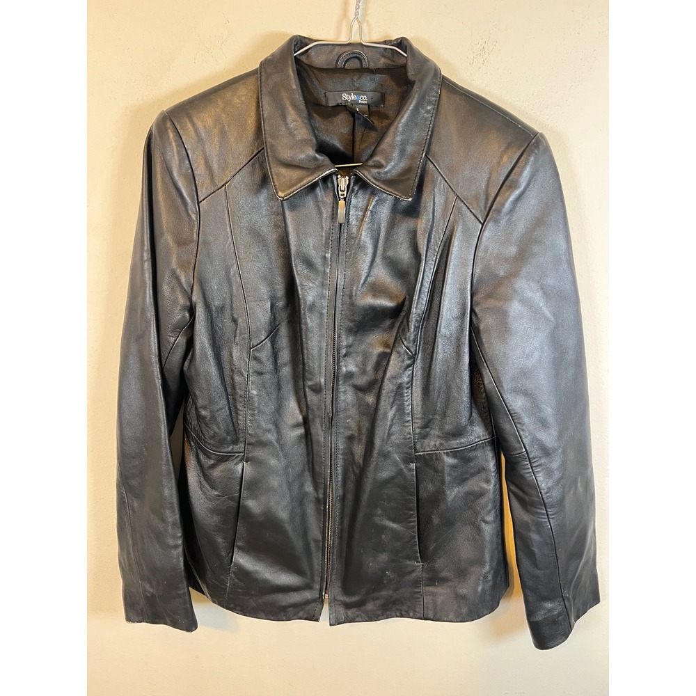 Style & Co Petite Womens Leather Jacket Full Zip Genuine Leather Black Size L